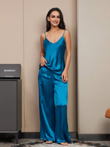 [Teal] SilkSilky  Spaghetti Strap V Neck Camisole Set 003