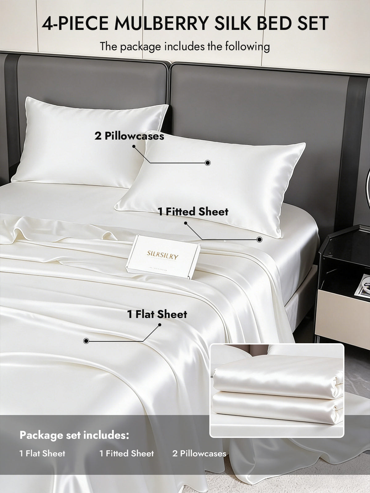 [White] SilkSilky  19Momme Silk Bedding Set 005