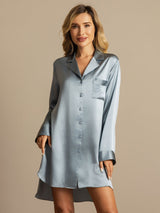 [Grayish Blue] SilkSilky  Long Sleeve Notch Collar Nightshirt 001