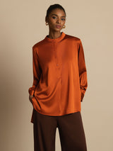 [Caramel] SilkSilky  19Momme Stretch Silk Charmeuse Long Sleeve Stand Collar Blouse 001