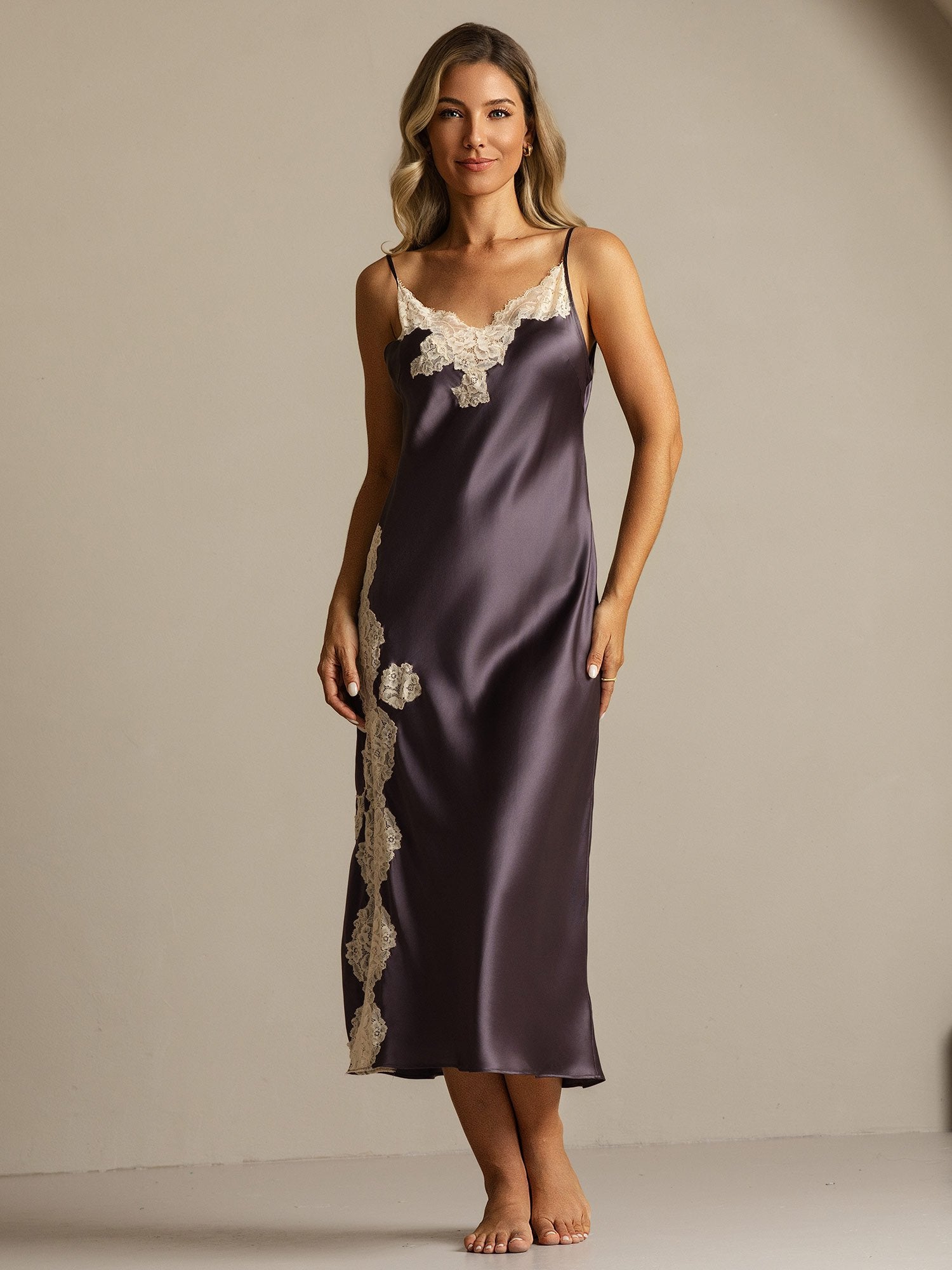 [PurpleGray] SilkSilky Pure Silk Split Nightgown 008
