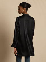 [Black] SilkSilky  19Momme Stretch Silk Charmeuse Long Sleeve Stand Collar Blouse 002