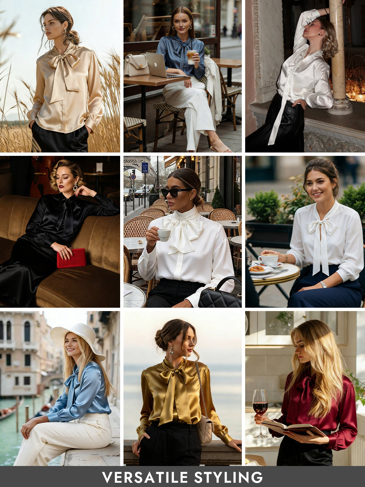 [Light Gray] SilkSilky  19Momme Silk Long Sleeve Tie Neck Blouse 009