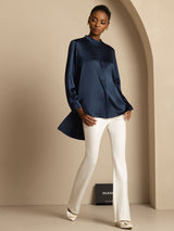 [Dark Blue] SilkSilky  19Momme Stretch Silk Charmeuse Long Sleeve Stand Collar Blouse 001