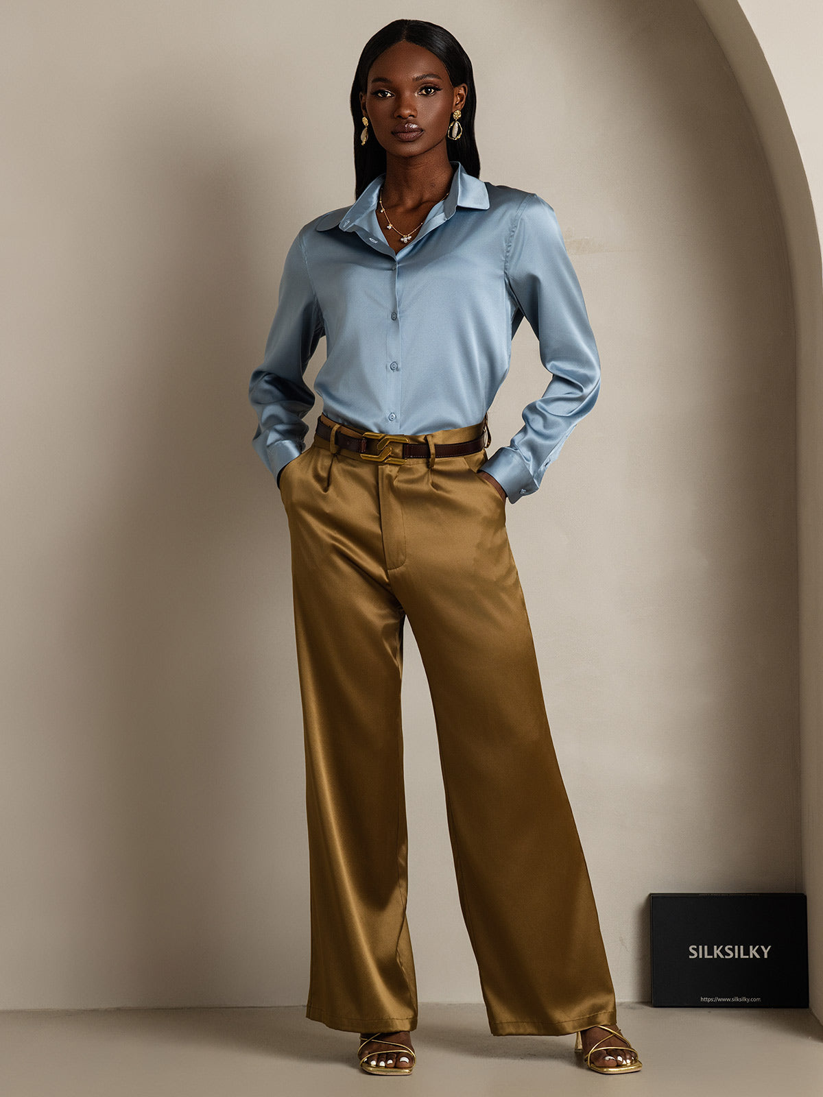 [Grayish Blue] SilkSilky  Silk Long Sleeve Lapel Collar Women's Shirt 006