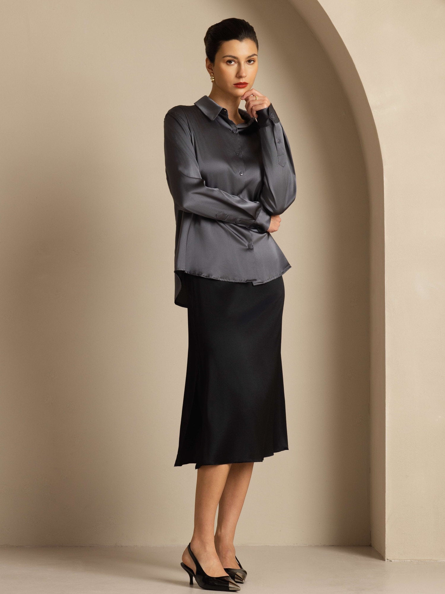 [Dark Gray] SilkSilky  Silk Long Sleeve Lapel Collar Women's Shirt 001