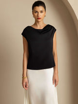 [Black] SilkSilky  Cap Sleeve Cowl Neck Women's T-Shirt 004
