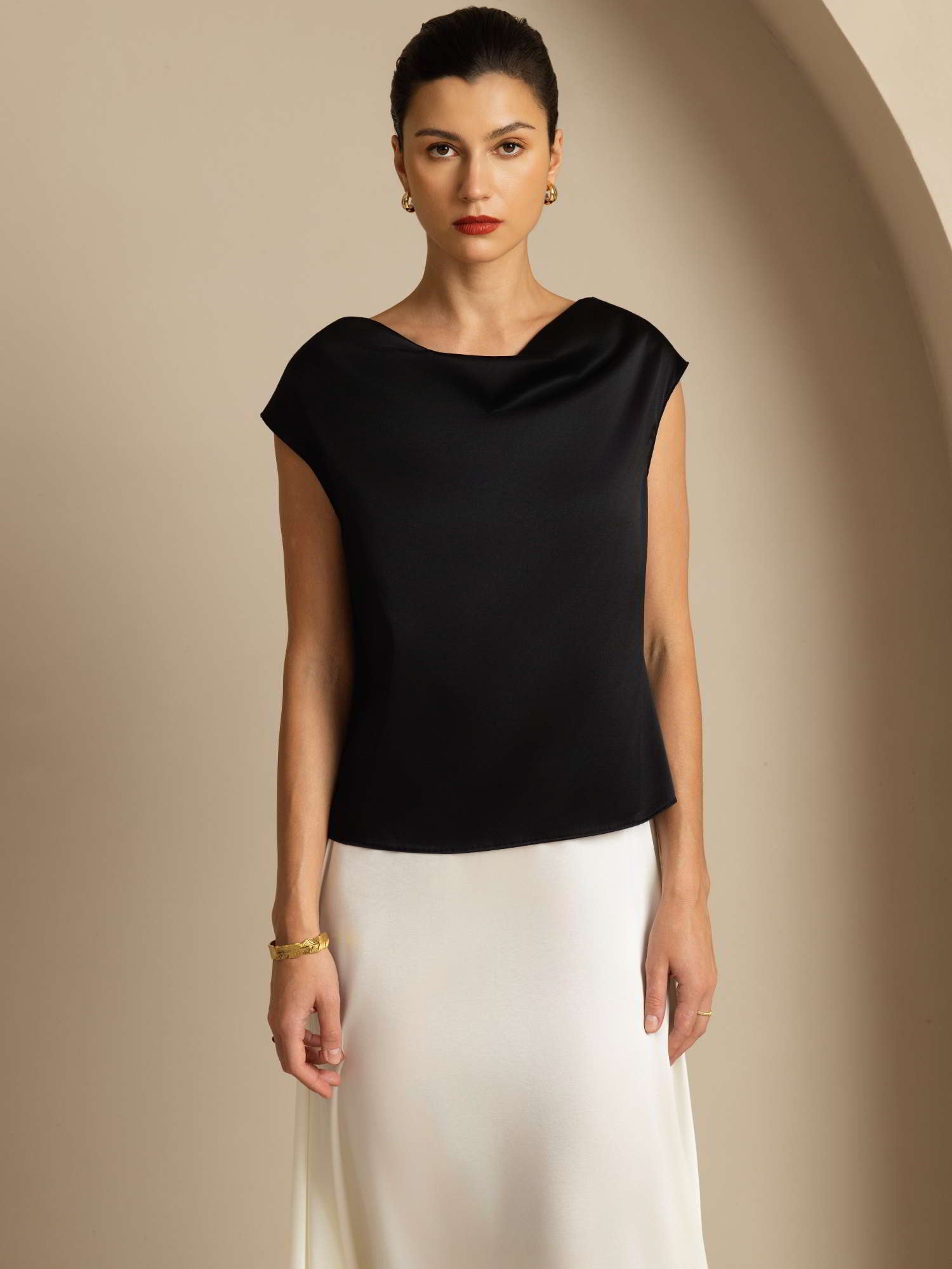 [Black] SilkSilky  19Momme Silk Cap Sleeve Cowl Neck Women's T-Shirt 004