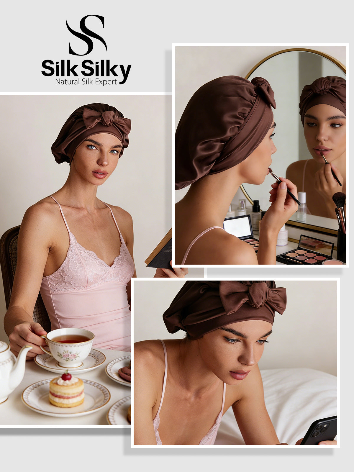 [Coffee] SilkSilky  Pure Silk Sleep Cap 005