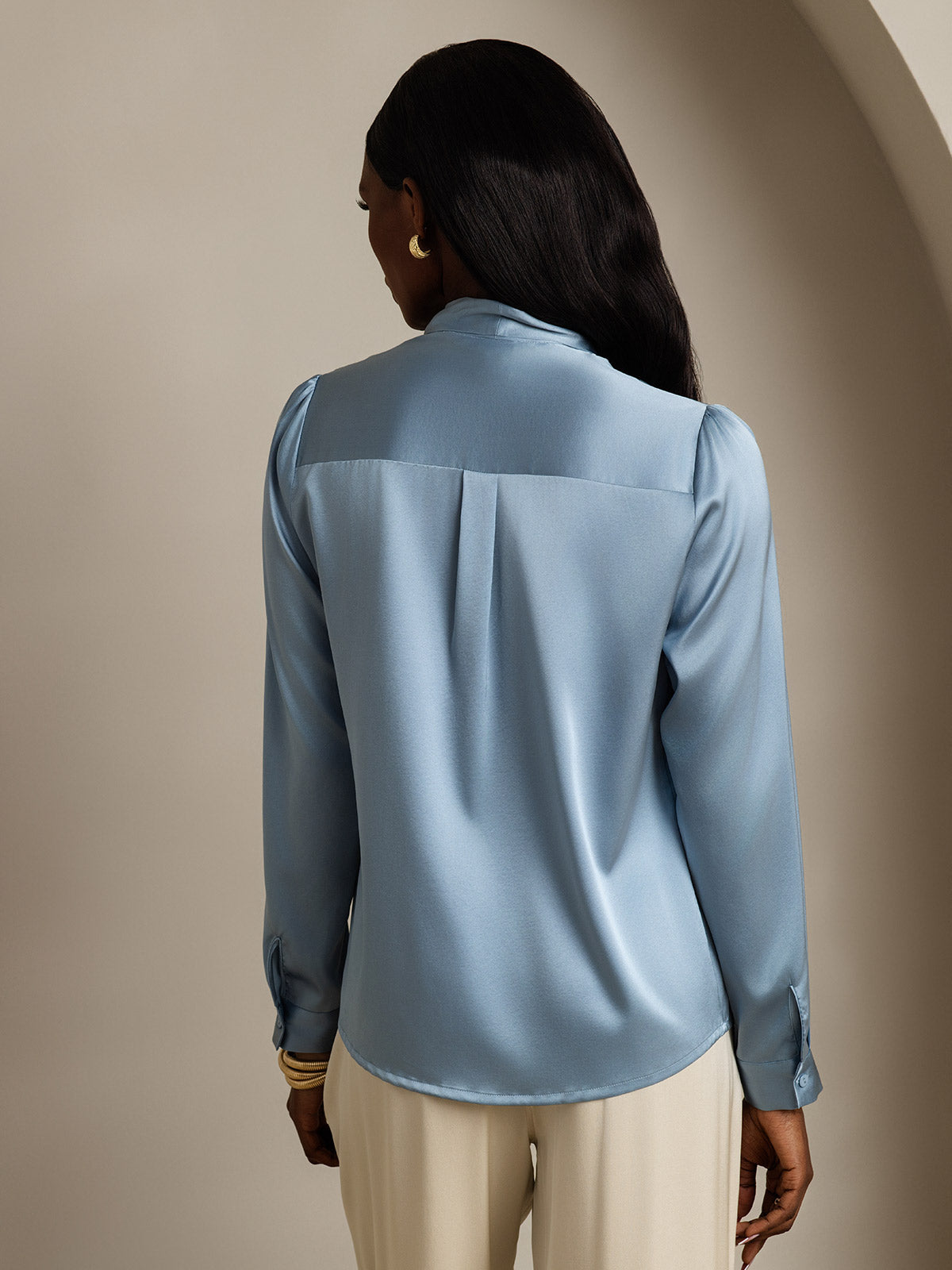 [Grayish Blue] SilkSilky 19Momme Silk Long Sleeve Tie Neck Women's Shirt 002
