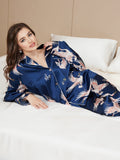 SilkSilky US 19Momme Pure Silk Long Sleeve Lapel Women's Pajamas DarkBlue 003