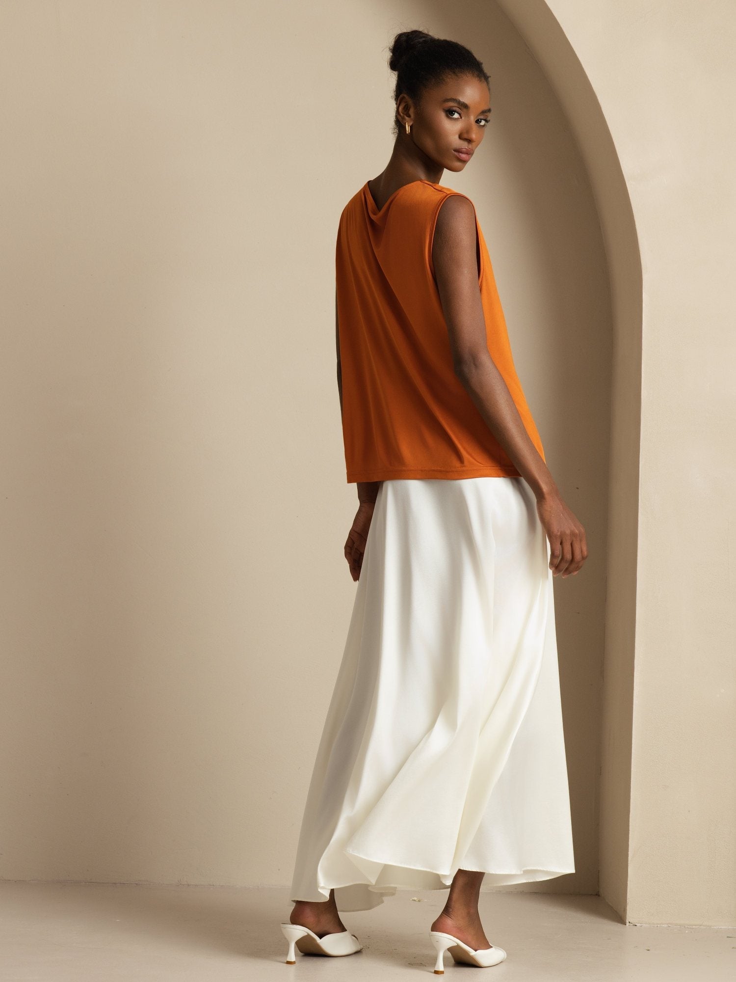 [Orange] SilkSilky Silk Sleeveless Cowl Neck Women's T-Shirt 002