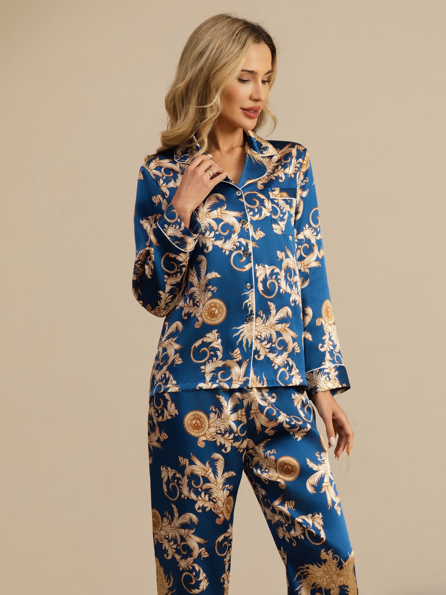 [Navy Dragon] SilkSilky  Long Sleeve Notch Collar Women's Pajamas 005