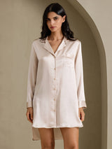 [Beige] SilkSilky  Long Sleeve Lapel Collar Nightshirt 001