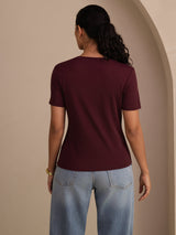 [Wine] SilkSilky  Short Sleeve V Neck Women's T-Shirt 002