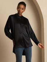 [Black] SilkSilky  19Momme Stretch Silk Charmeuse Long Sleeve Stand Collar Blouse 005