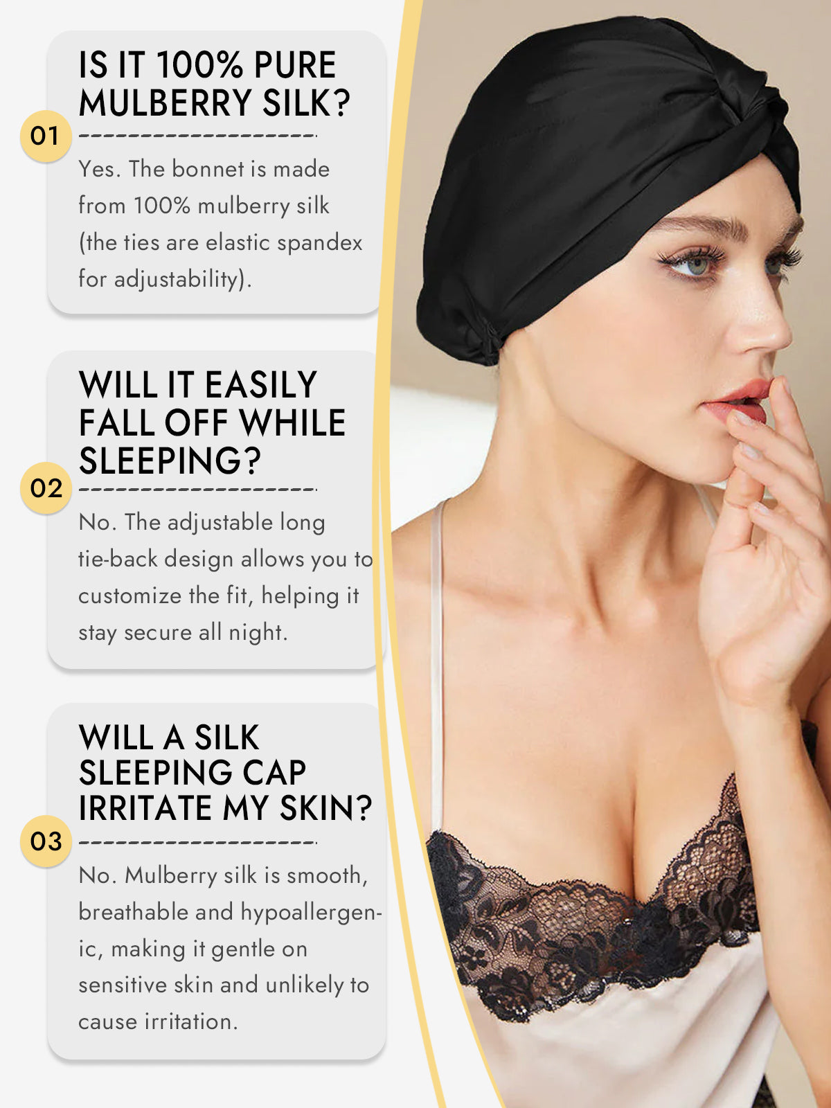 [Black] SilkSilky  Pure Silk Sleep Cap 008