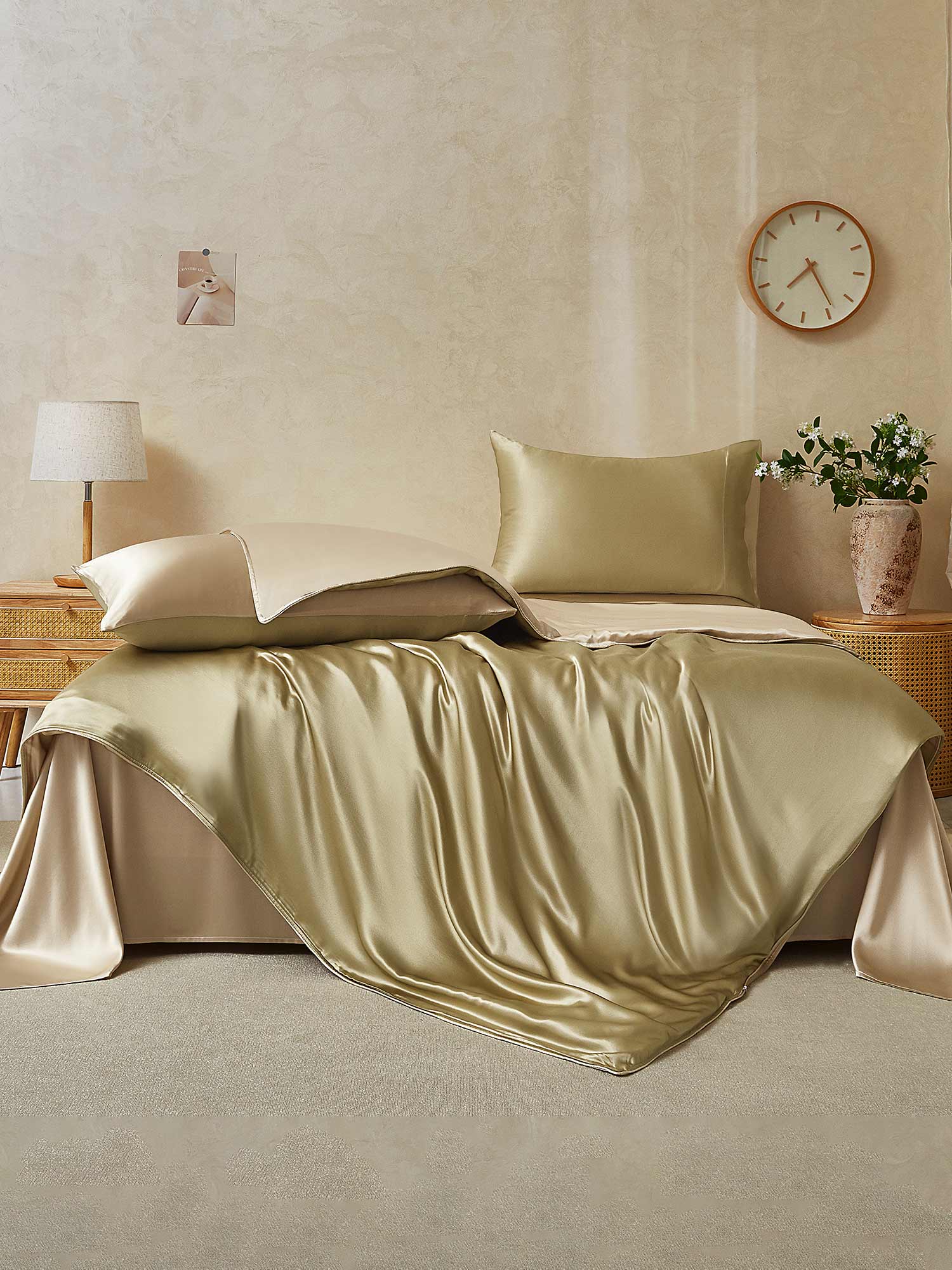 [Beige+Khaki] SilkSilky  19Momme Pure Silk Bedding Set 002,