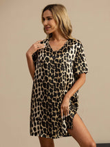 [Leopard] SilkSilky  Silk Short Sleeve V Neck Nightgown 004