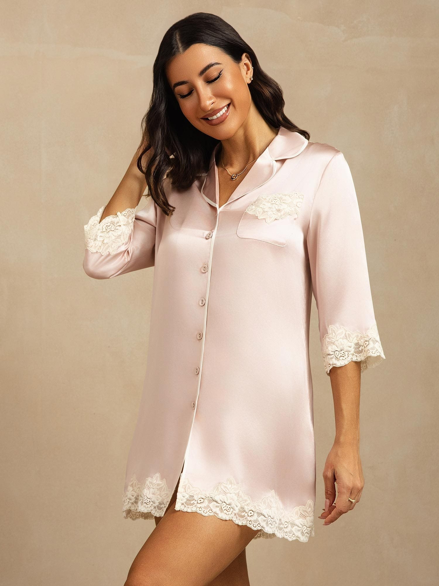 [Pink] SilkSilky  Pure Silk Lapel Collar Nightshirt 008