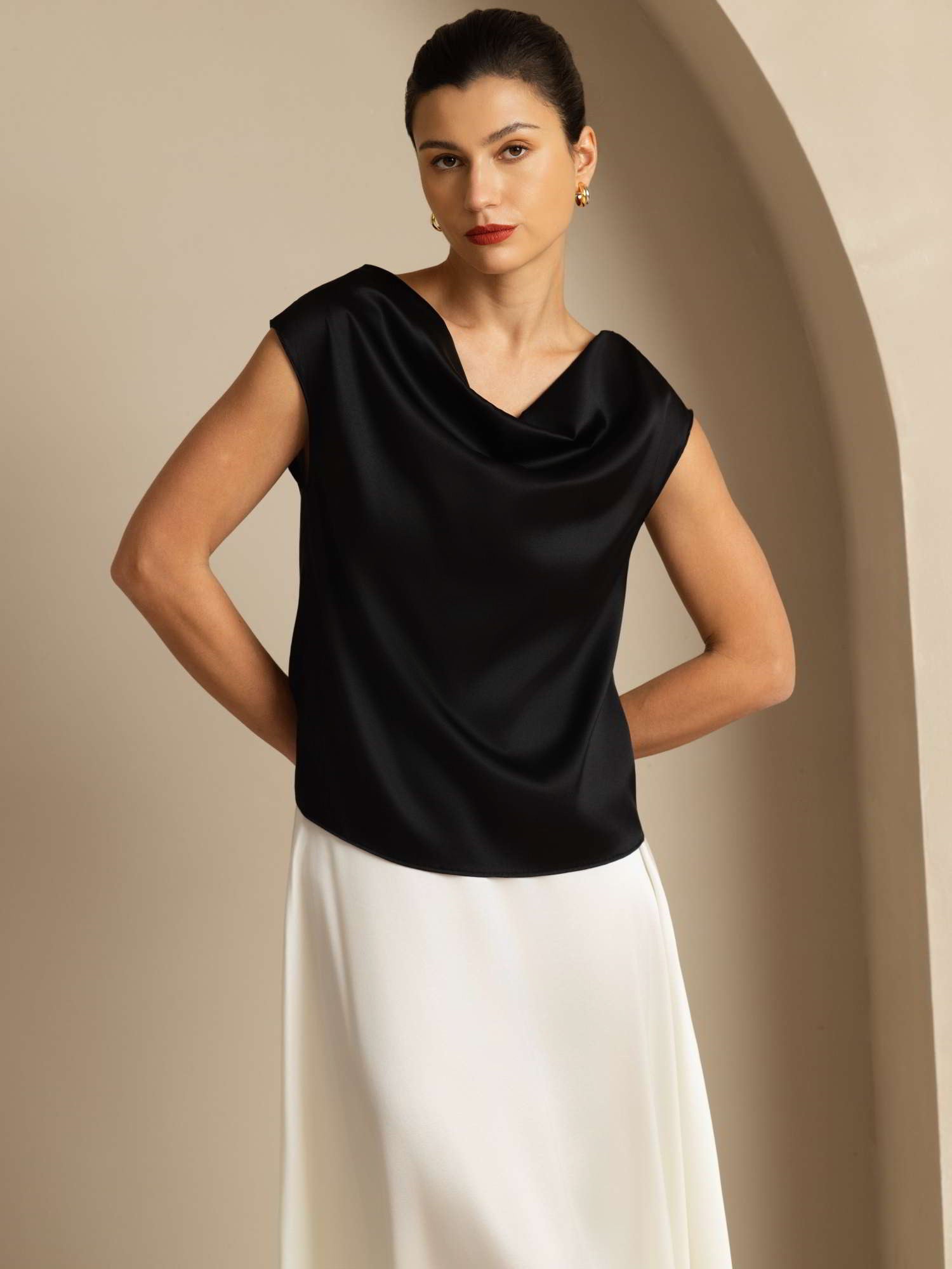 [Black] SilkSilky  19Momme Silk Cap Sleeve Cowl Neck Women's T-Shirt 005