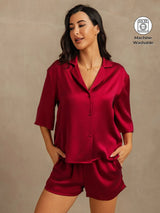 [Wine] SilkSilky  19Momme Machine-Washable Silk Half Sleeve Notch Collar Women's Pajamas 001
