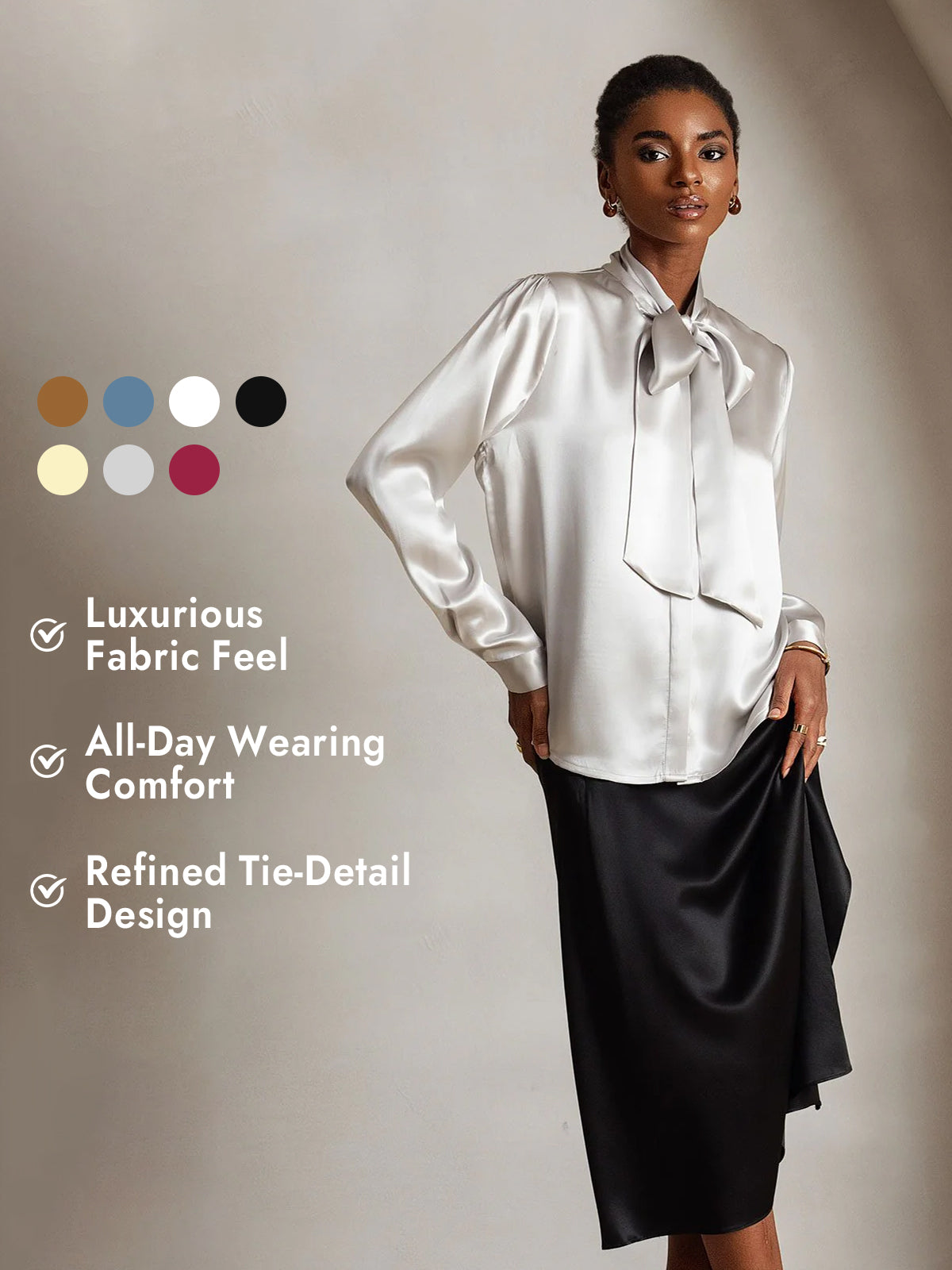 [Light Gray] SilkSilky  19Momme Silk Long Sleeve Tie Neck Blouse 001