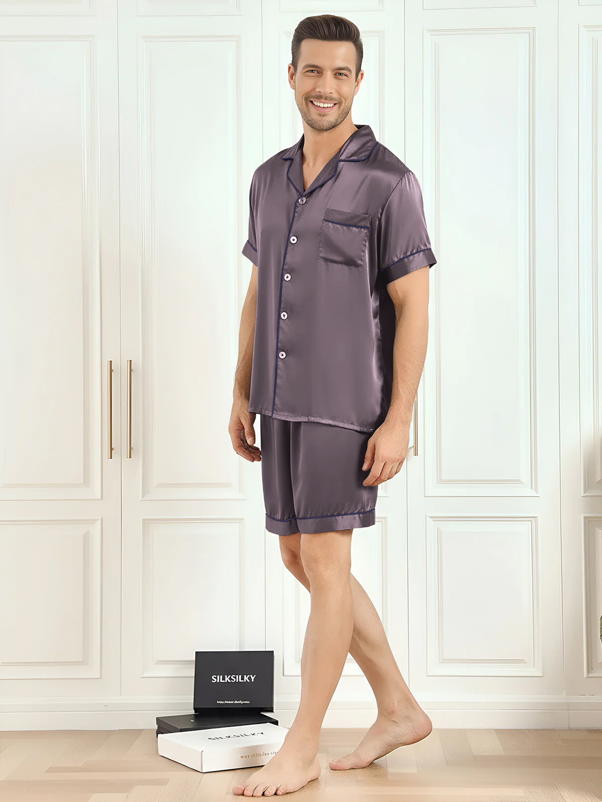 [Purple Gray] SilkSilky  Pure Silk Mens Pajamas 005,