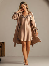 [Brown] SilkSilky  3/4 Sleeve V Neck Nightgown&Robe Set 009