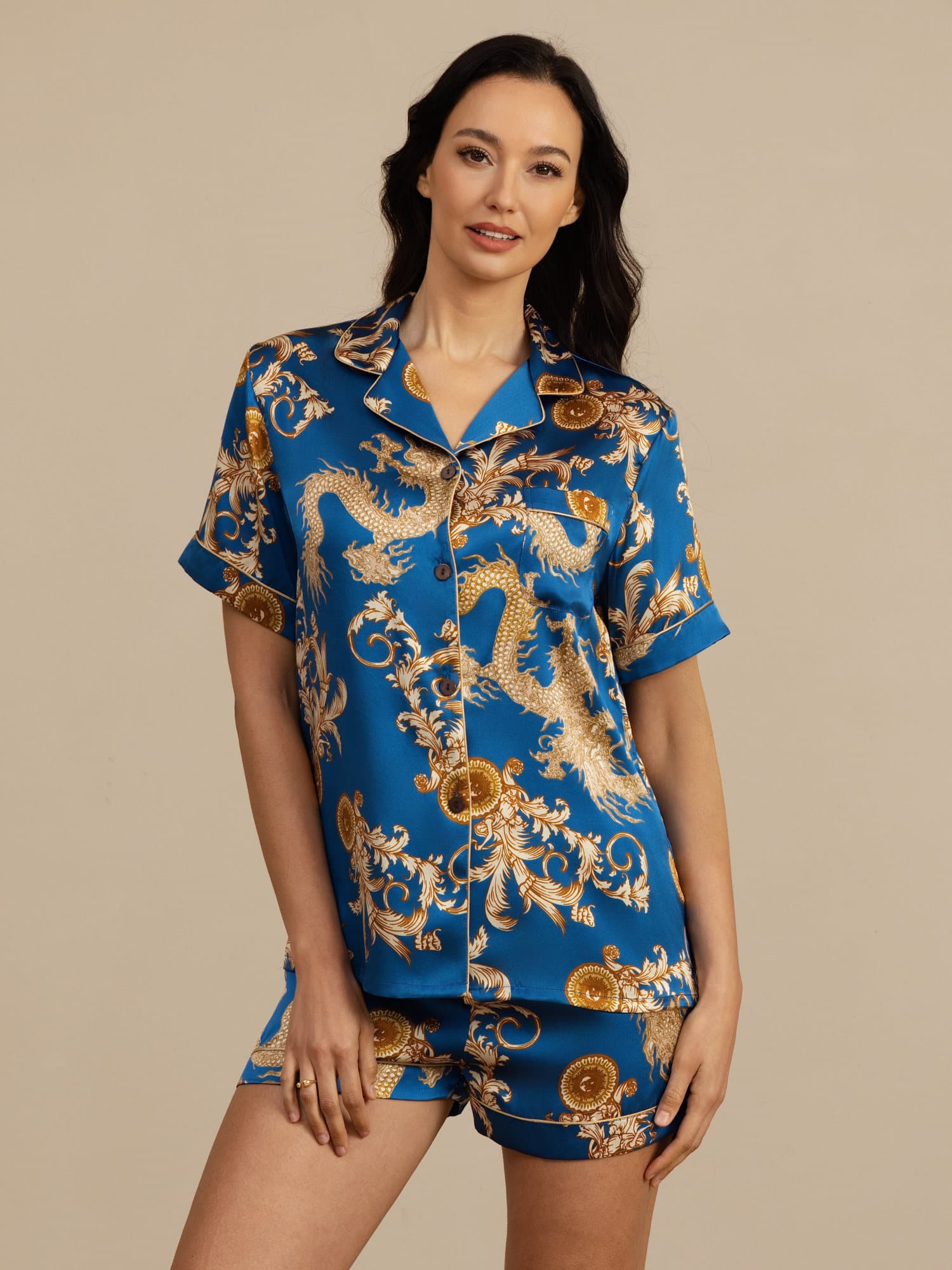 [Navy Dragon] SilkSilky  Short Sleeve Notch Collar Women's Pajamas 007