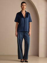 [Dark Blue] SilkSilky  Short Sleeve Notch Collar Women's Shirt 006