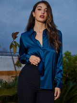 [Teal] SilkSilky  Long Sleeve Lapel Collar Women's Shirts 006