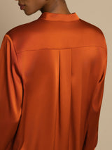 [Caramel] SilkSilky  19Momme Stretch Silk Charmeuse Long Sleeve Stand Collar Blouse 004