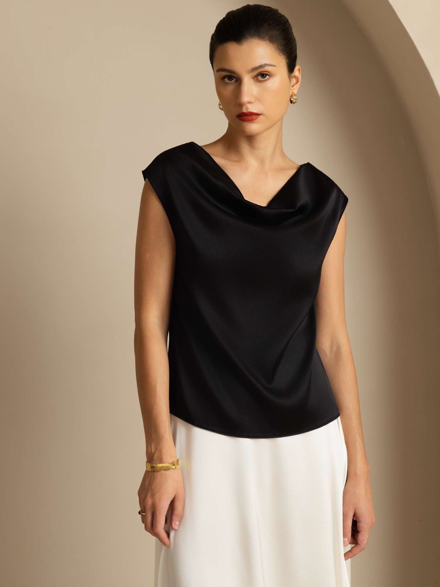 [Black] SilkSilky  19Momme Silk Cap Sleeve Cowl Neck Women's T-Shirt 001