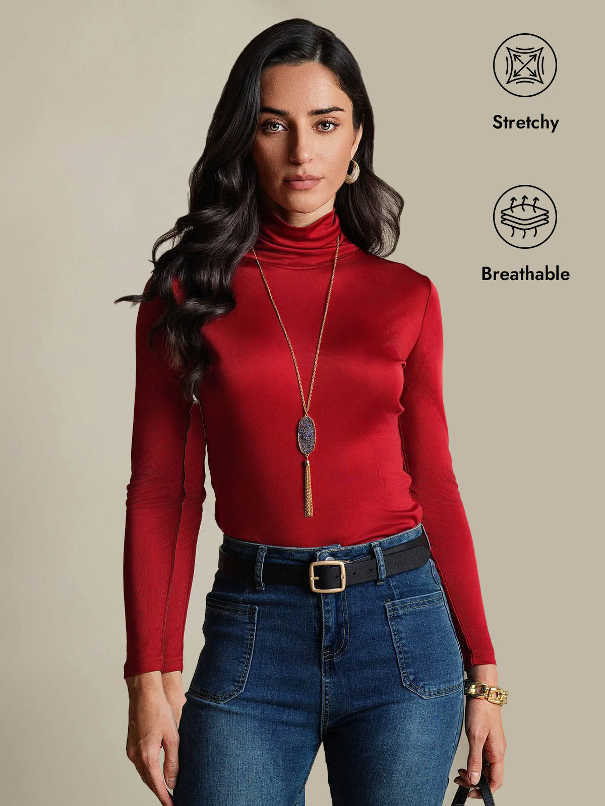 [Wine] SilkSilky  Silk Long Sleeve High Neck Women's T-Shirt 001