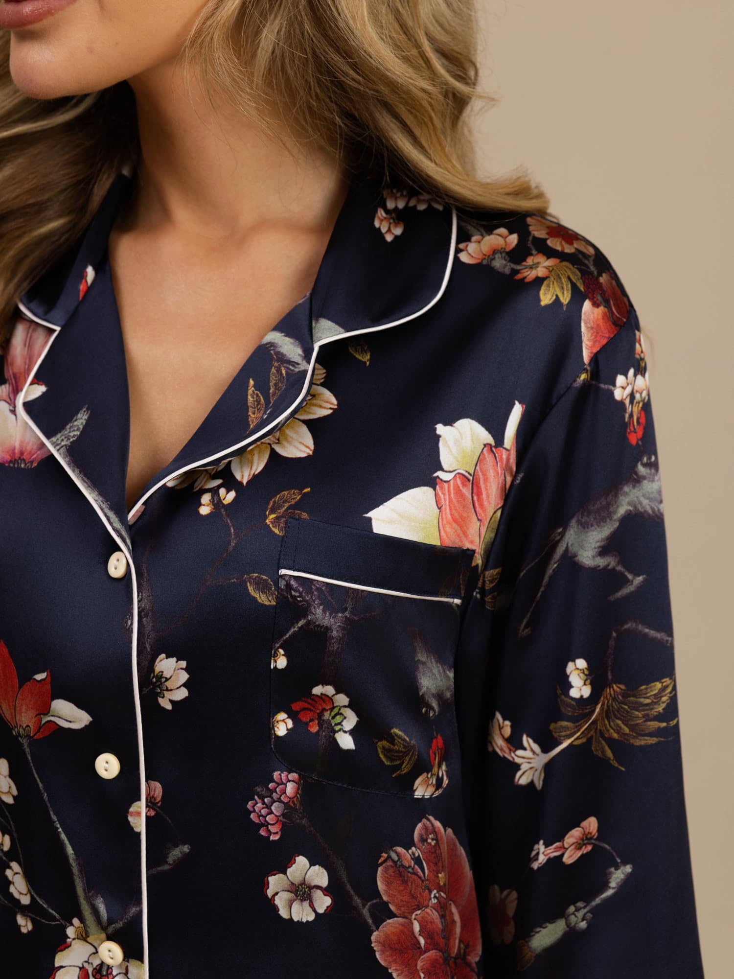 [Navy Floral] SilkSilky  Long Sleeve Notch Collar Women's Pajamas 006