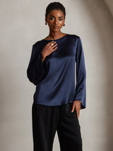 [Dark Blue] SilkSilky  19Momme Stretch Silk Charmeuse Long Sleeve Boat Neck Blouse 003