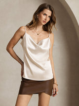 [Beige] SilkSilky  Spaghetti Strap Cowl Neck Camisole Top 001