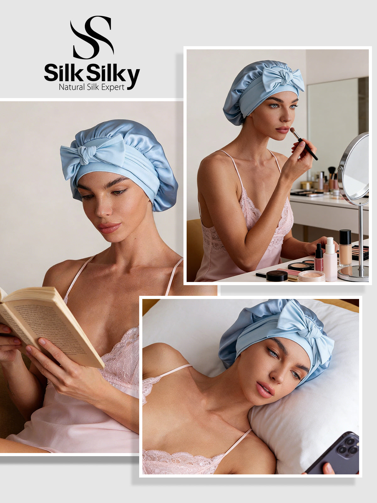 [Sky Blue] SilkSilky  Pure Silk Sleep Cap 005