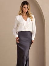 [White] SilkSilky Long Sleeve Deep V Neck Women's Blouse 003