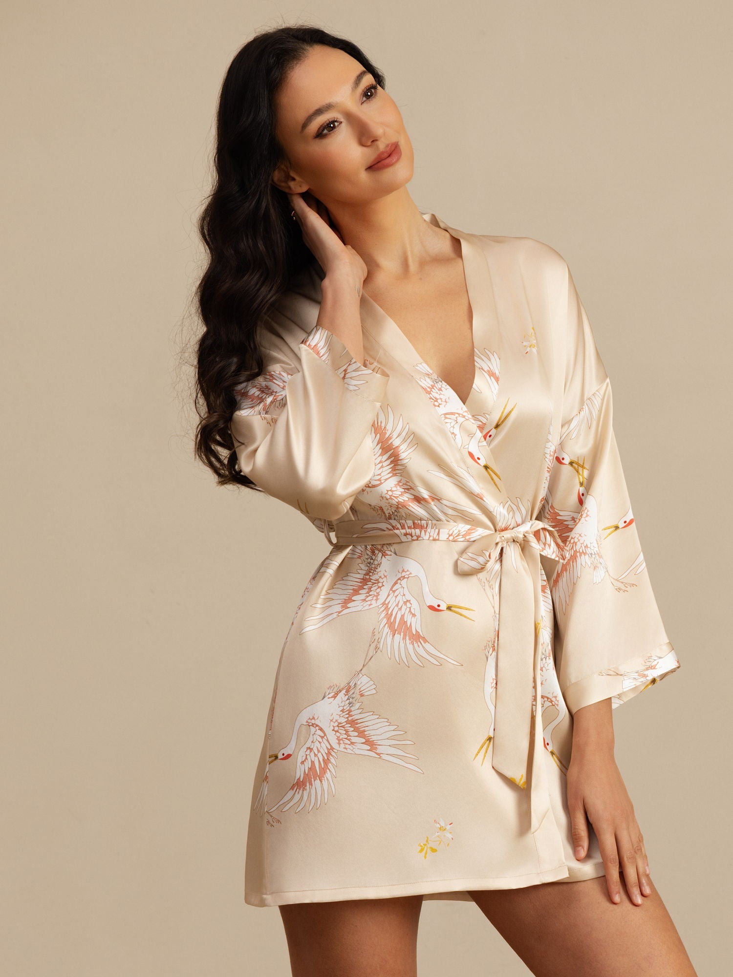 [Champagne] SilkSilky  3/4 Sleeve Deep V Neck Women's Robe 004