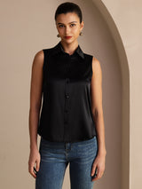 [Black] SilkSilky  Sleeveless Lapel Collar Women's Shirt 003