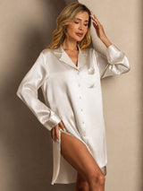 [Beige] SilkSilky  Long Sleeve Lapel Collar Nightshirt 005