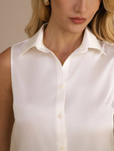 [White] SilkSilky  Sleeveless Lapel Collar Women's Shirt 004