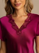 [Wine] SilkSilky  Short Sleeve V Neck Nightgown 004