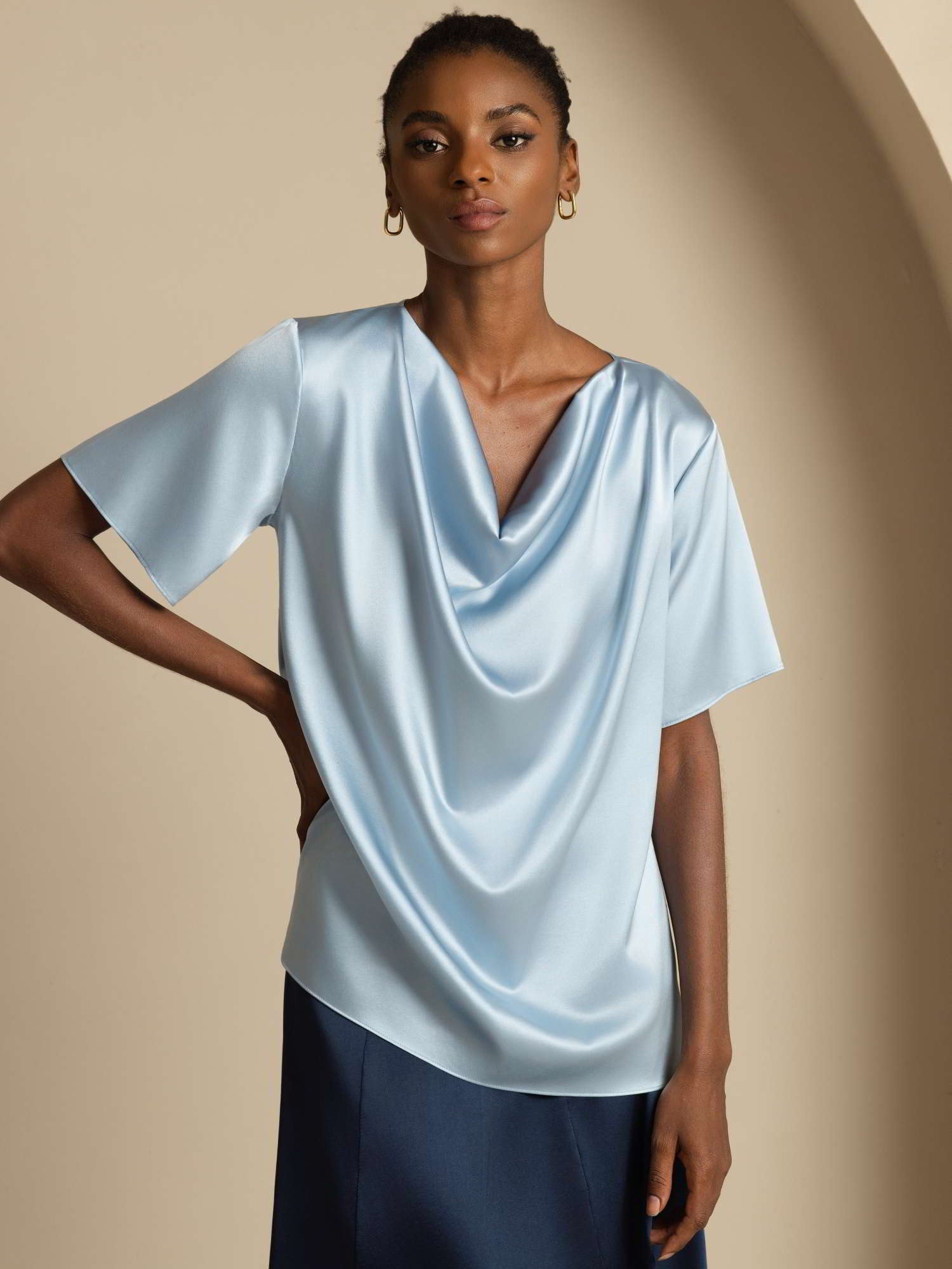 [Grayish Blue] SilkSilky  19Momme Silk Short Sleeve Cowl Neck Blouse 001
