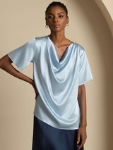 [Grayish Blue] SilkSilky  Short Sleeve Cowl Neck Blouse 001