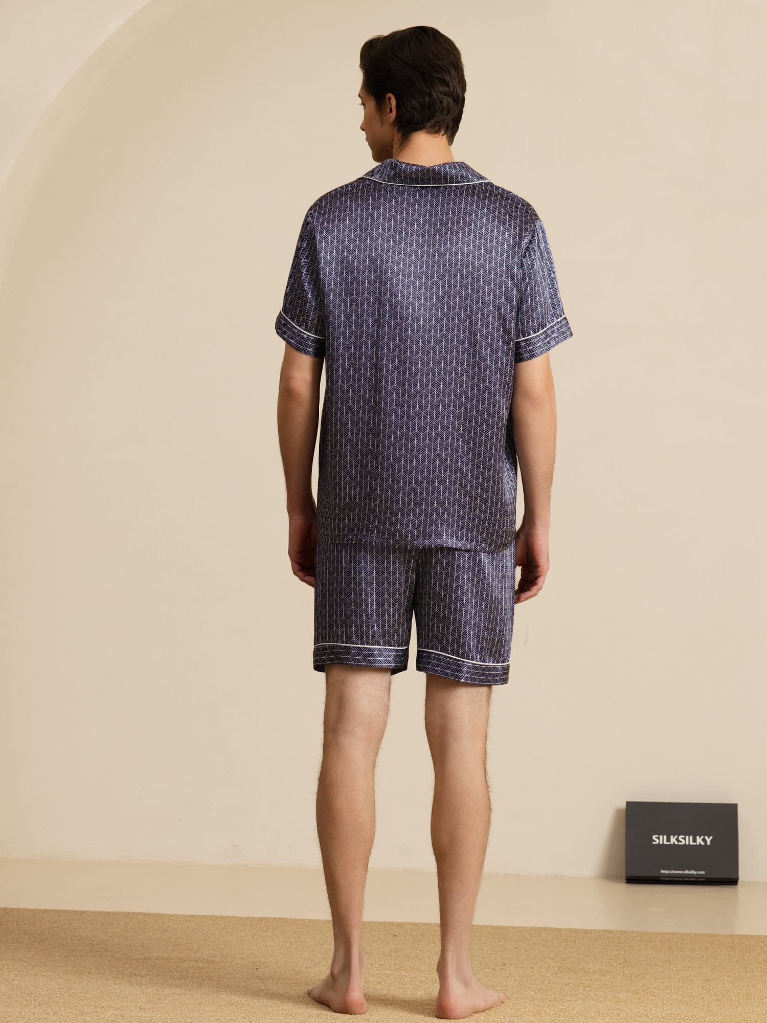 [Navy Ginkgo] SilkSilky  Short Sleeve Notch Collar Men's Pajamas 002