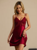 [Wine] SilkSilky  Spaghetti Strap V Neck Nightgown 003