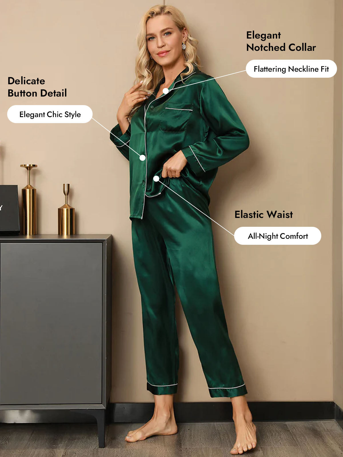 [Green] SilkSilky  Silk Long Sleeve Notch Collar Women's Pajamas 005